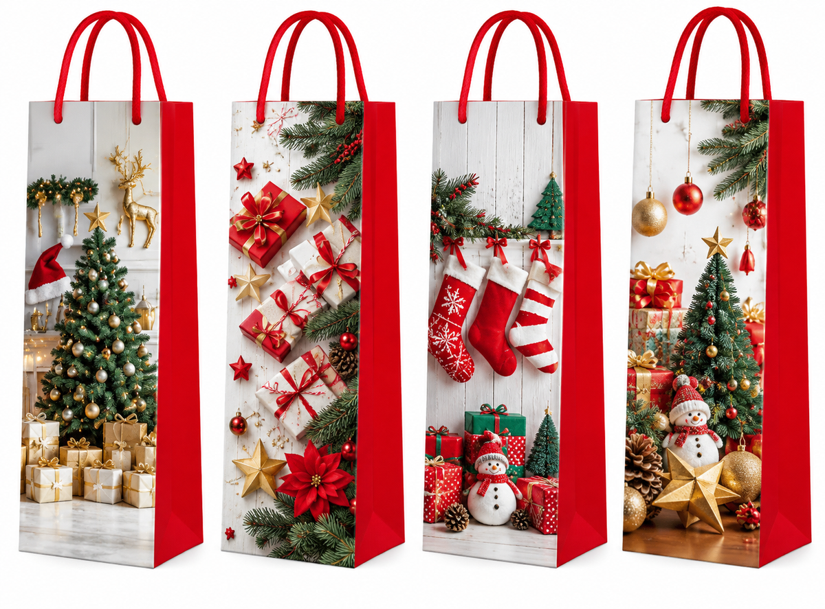 Christmas Wine Gift Bags with Red Handles Assorted Holiday Designs - 4.72” × 13.78” × 3.54”