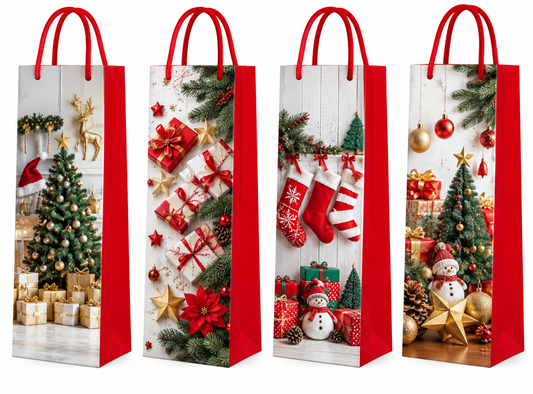 Christmas Wine Gift Bags with Red Handles Assorted Holiday Designs - 4.72” × 13.78” × 3.54”