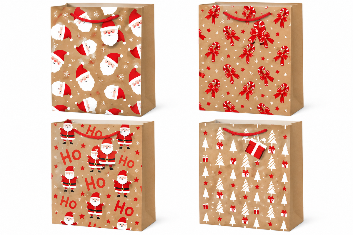 Christmas Kraft Paper Gift Bag Assorted Santa Designs - Xtra Small