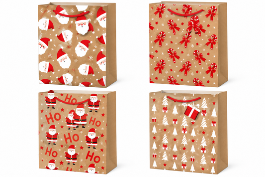 Christmas Kraft Paper Gift Bag Assorted Santa Designs - Xtra Small