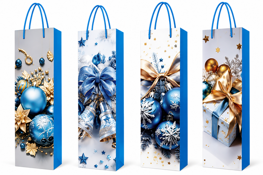 Christmas Wine Gift Bag Blue & Gold Ornament Design - 4.72” × 13.78” × 3.54”
