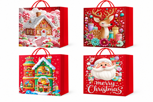 Christmas Gift Bag Santa, Reindeer & Gingerbread Holiday Design - Medium