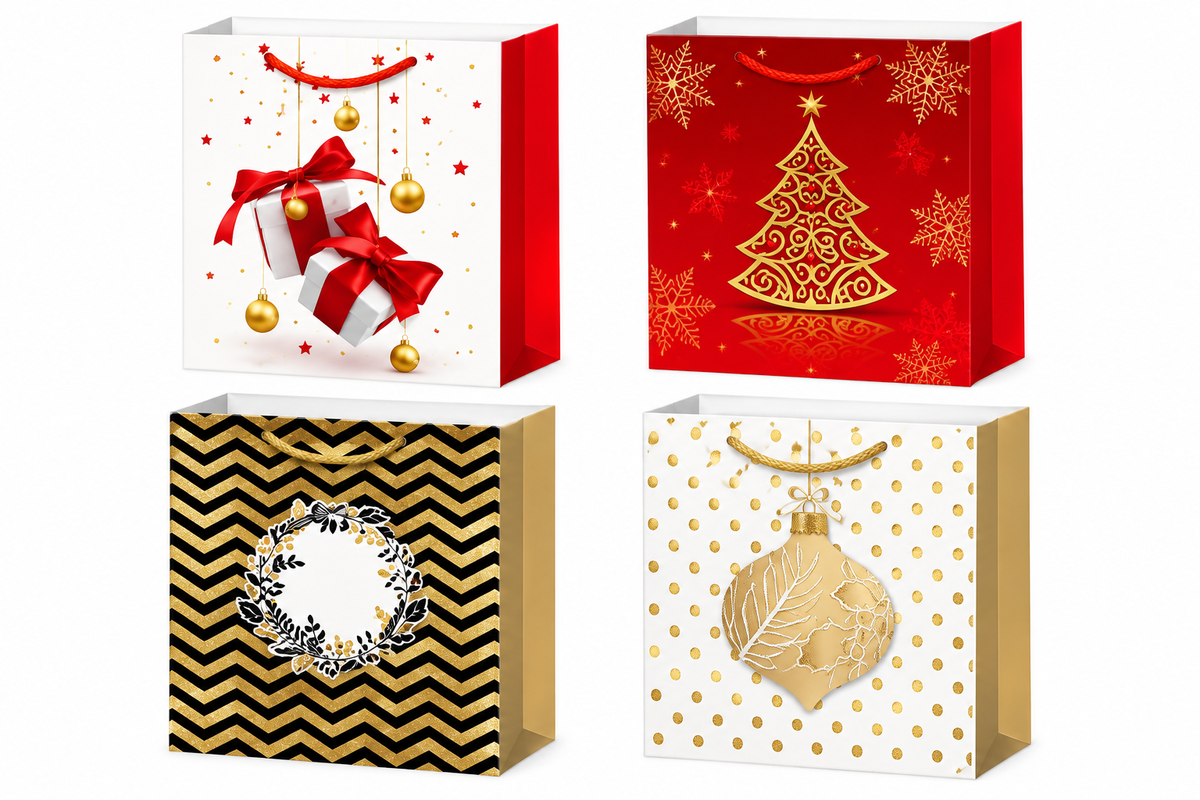 Christmas Gift Bag Elegant Red, Gold & White Holiday Design - Small