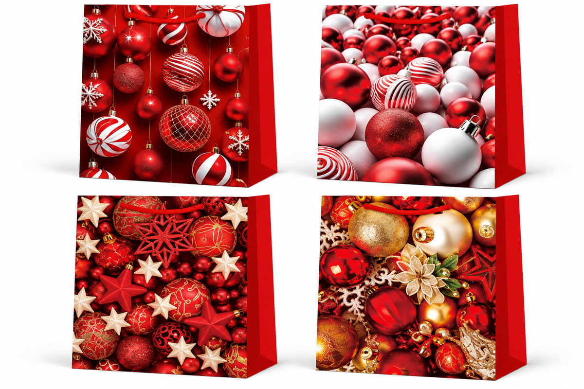 Christmas Gift Bags with Red, Gold & Silver Bauble Ornament Designs - Medium