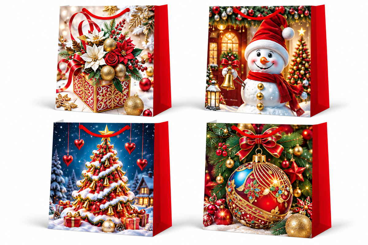 Christmas Gift Bags with Snowman, Christmas Tree, Ornaments Designs - Small