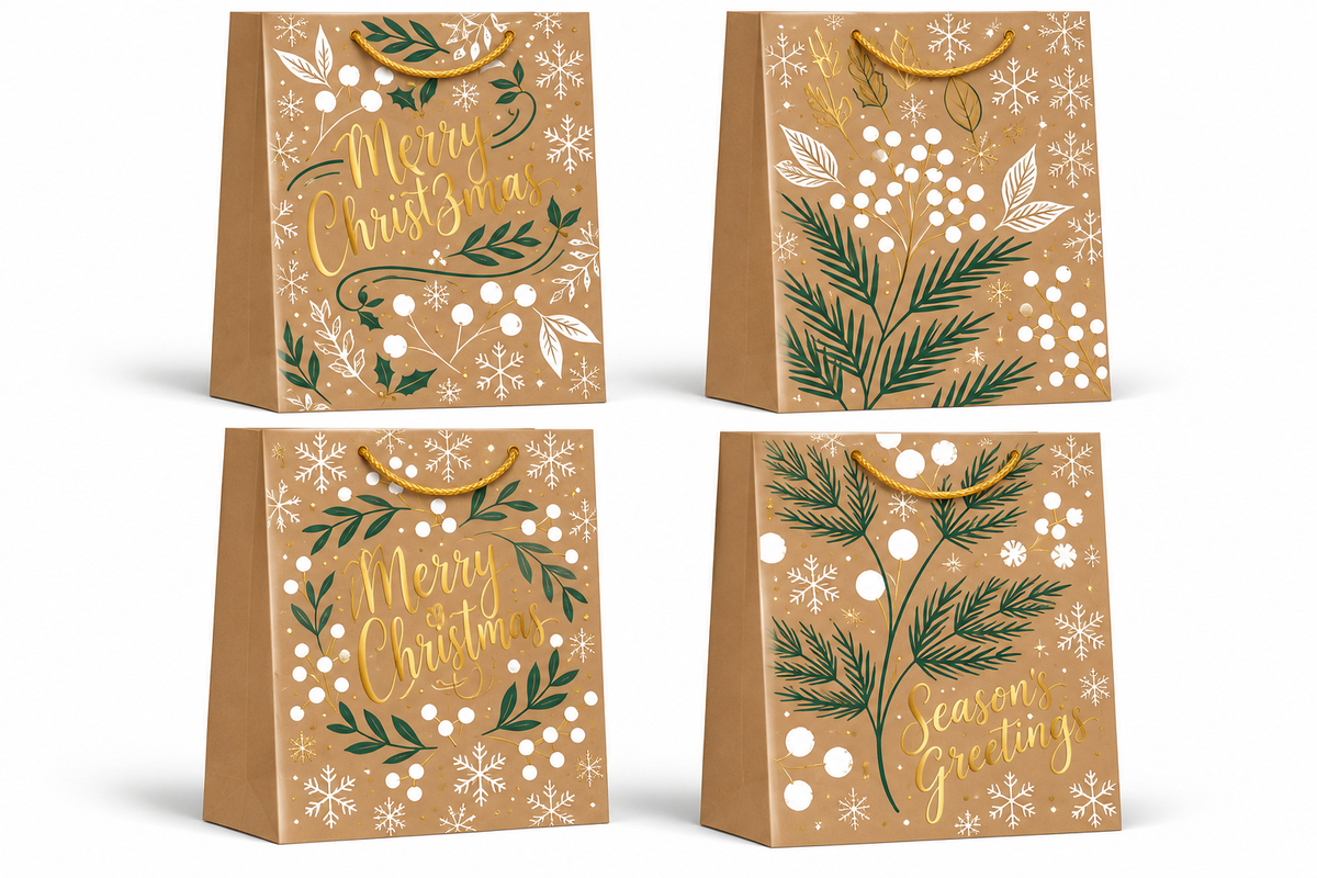 Christmas Kraft Paper Gift Bags with Gold Foil Snowflakes, Reindeer & Festive Greenery