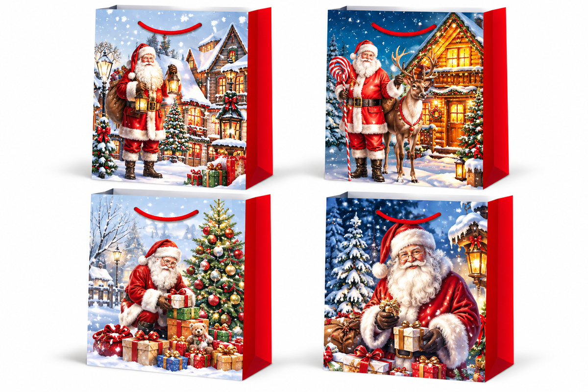 Christmas Santa Claus Gift Bags with Vintage Holiday Winter Scenes