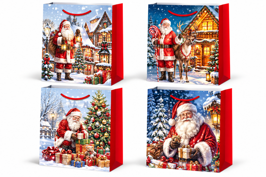 Christmas Santa Claus Gift Bags with Vintage Holiday Winter Scenes