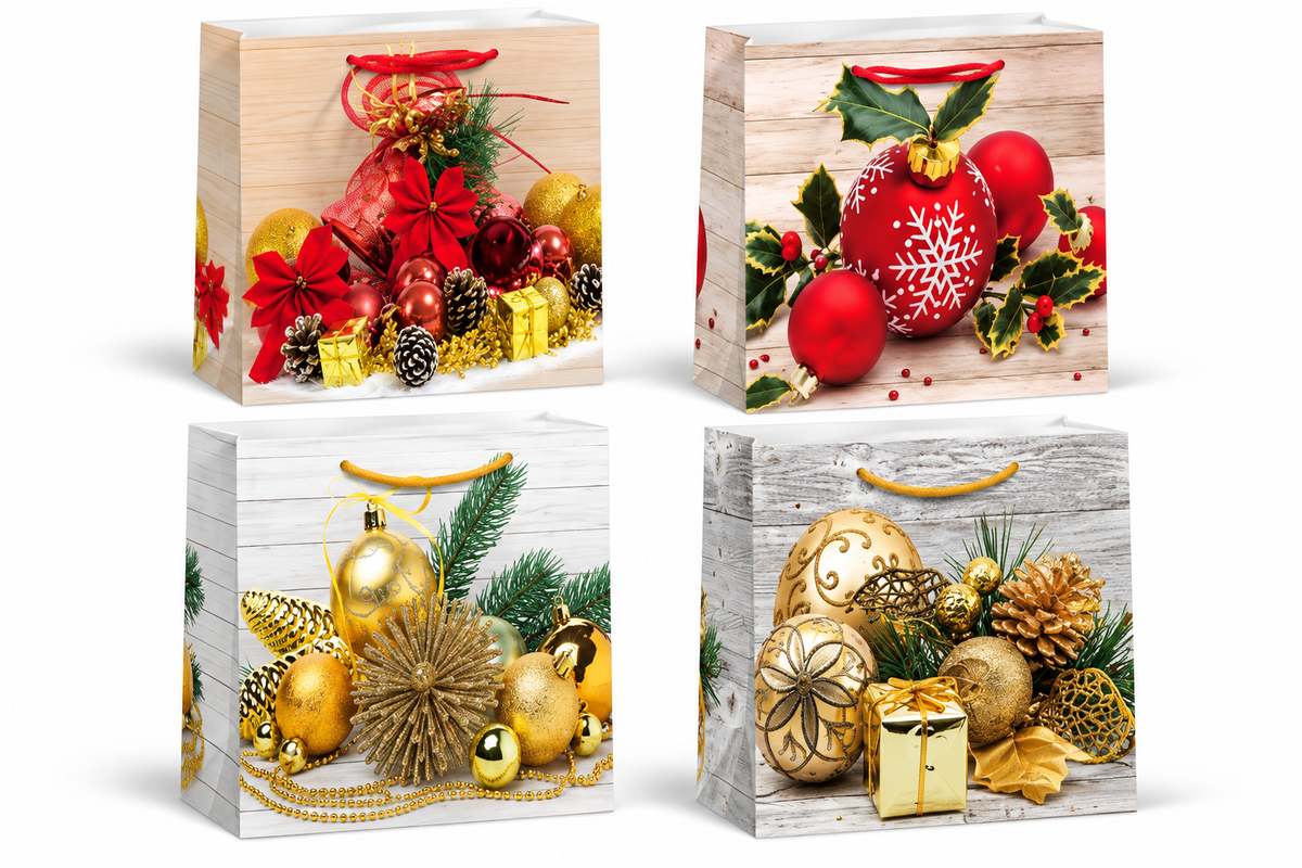 Christmas Gift Bags with Red & Gold Ornaments, Snowflakes, Pine Cones Design