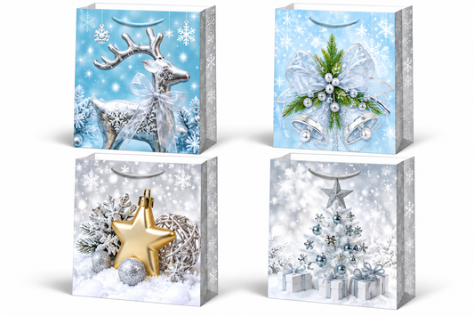 Christmas Gift Bags with Silver Reindeer, Snowflakes, Bells & Christmas Tree Designs - Medium