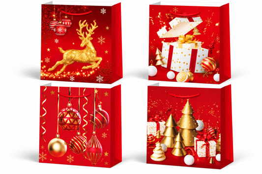 Christmas Gift Bags with Gold Reindeer, Hanging Ornaments & Christmas Trees Design - Small