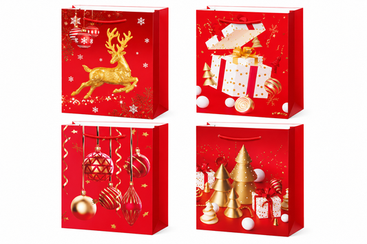 Christmas Gift Bags with Gold Reindeer, Hanging Ornaments & Christmas Trees Design - Medium