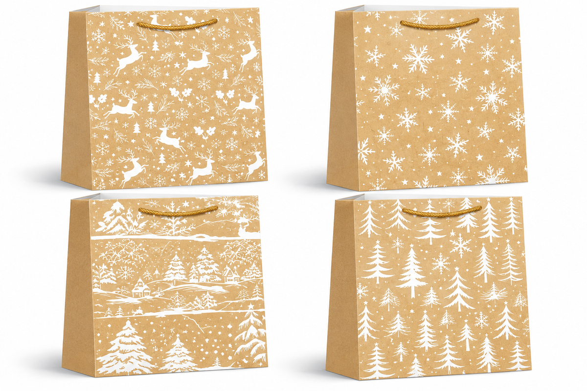 Christmas Kraft Paper Gift Bags with White Snowflakes, Christmas Trees & Winter Forest Designs