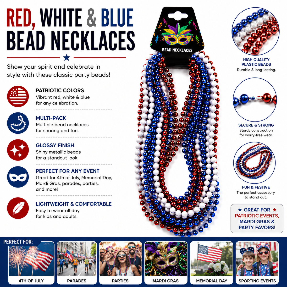 Patriotic Red White Blue Bead Necklaces