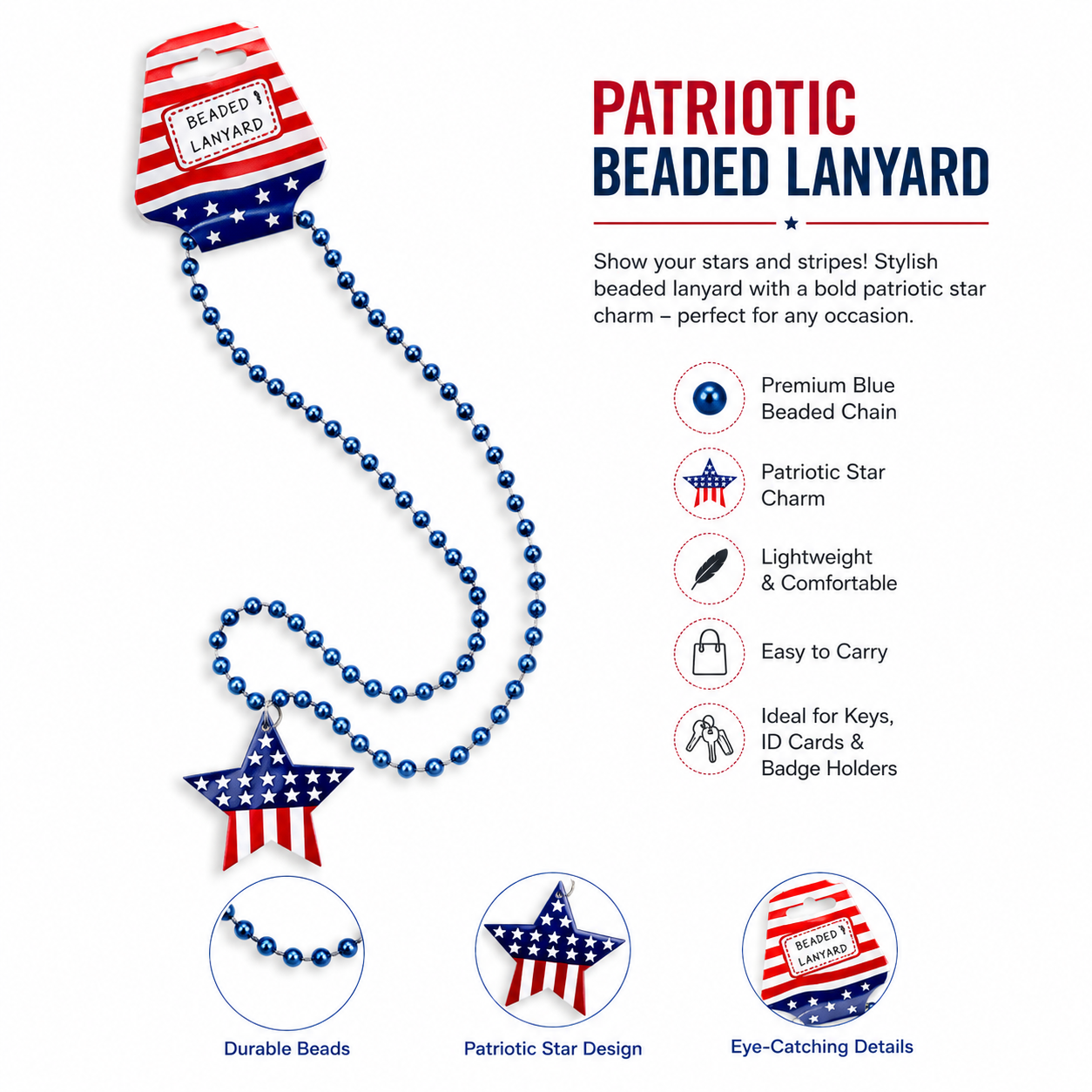 USA Patriotic Beaded Lanyard