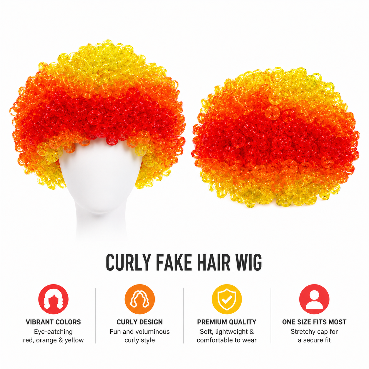 Curly Clown Wig – Red, Orange & Yellow Party Costume Wig