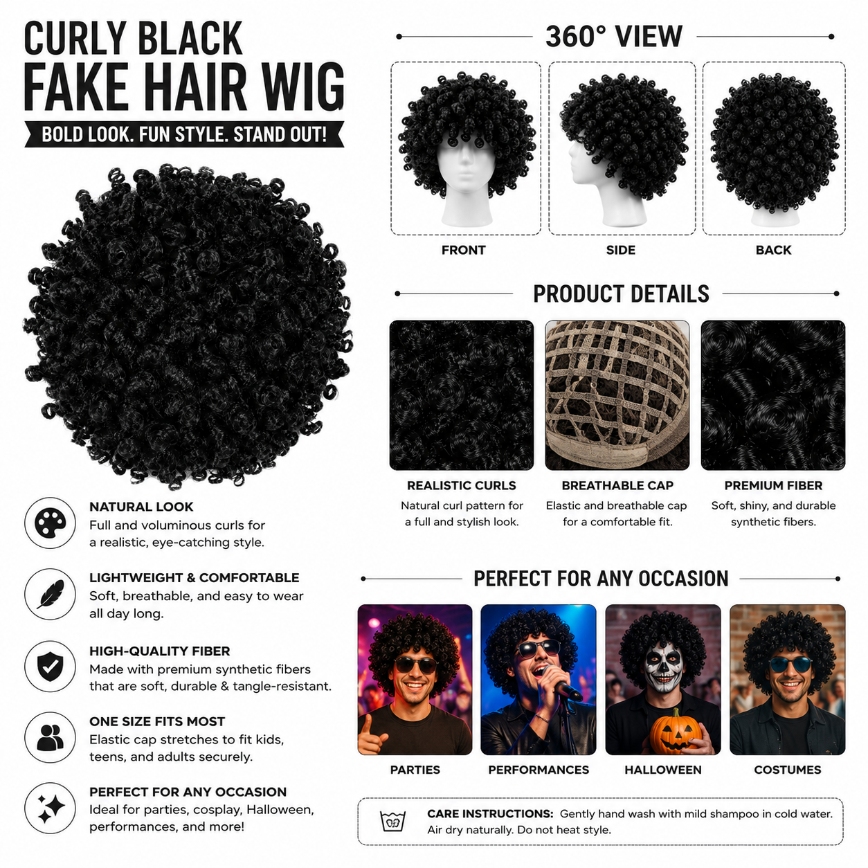 Premium Curly Black Fake Hair Wig