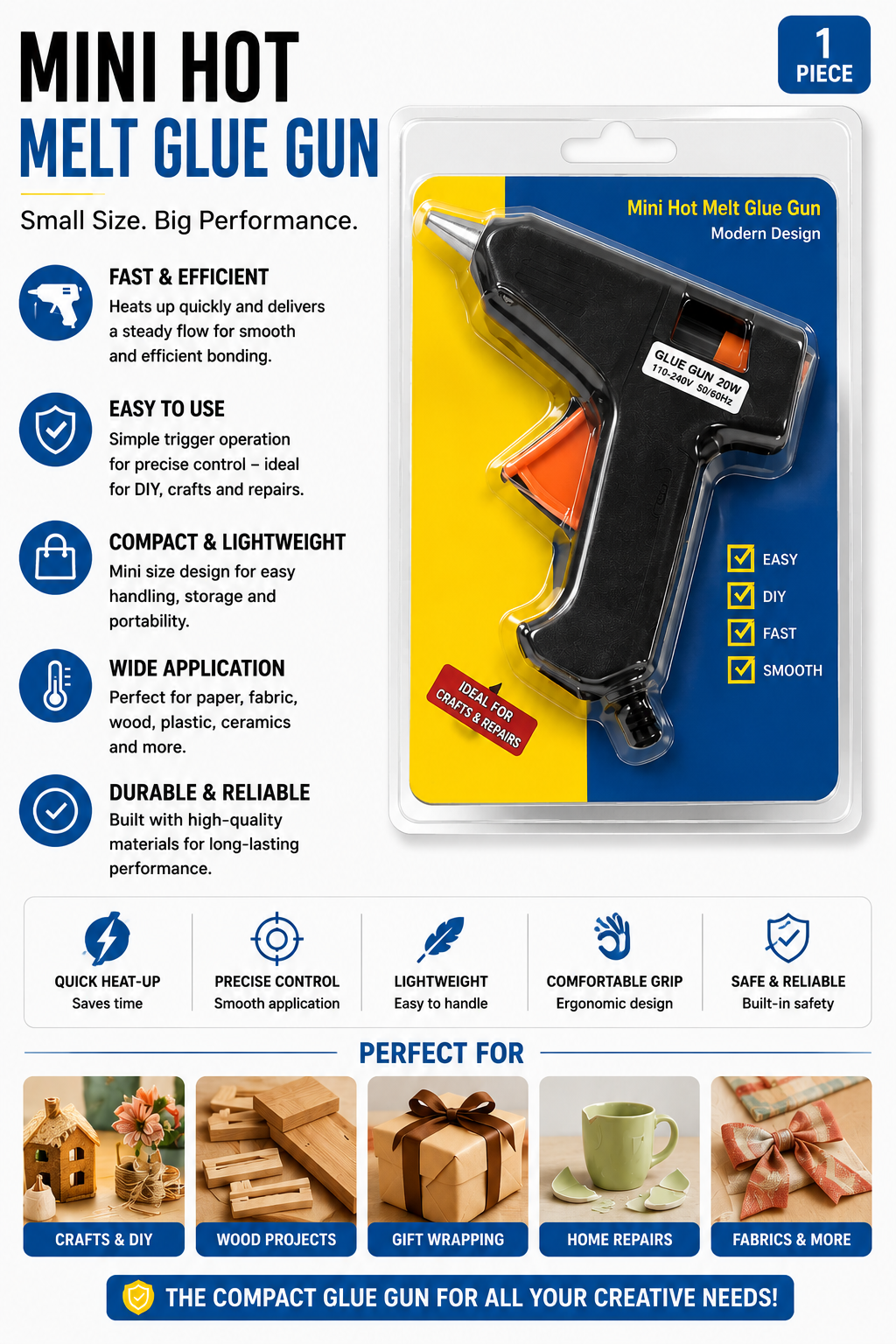 20W Mini Hot Glue Gun – Quick Heat Craft Adhesive Tool for DIY Projects