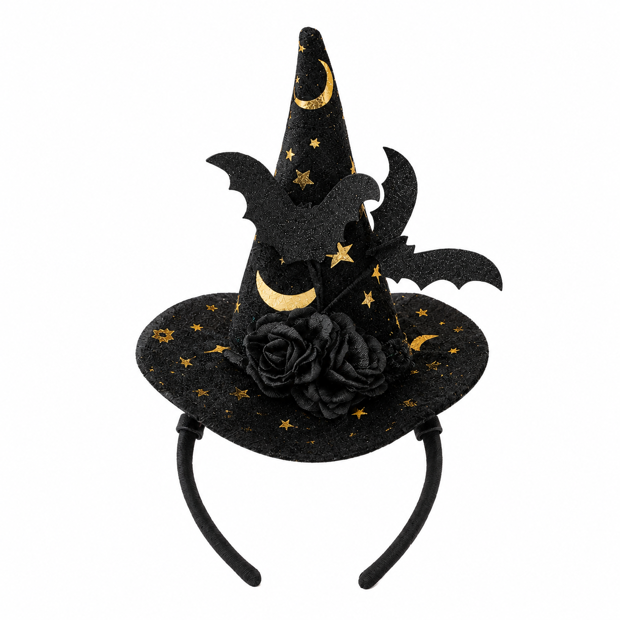 Halloween Witch Hat Headband with Bat & Rose Accents