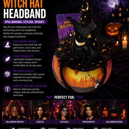 Halloween Witch Hat Headband with Bat & Rose Accents