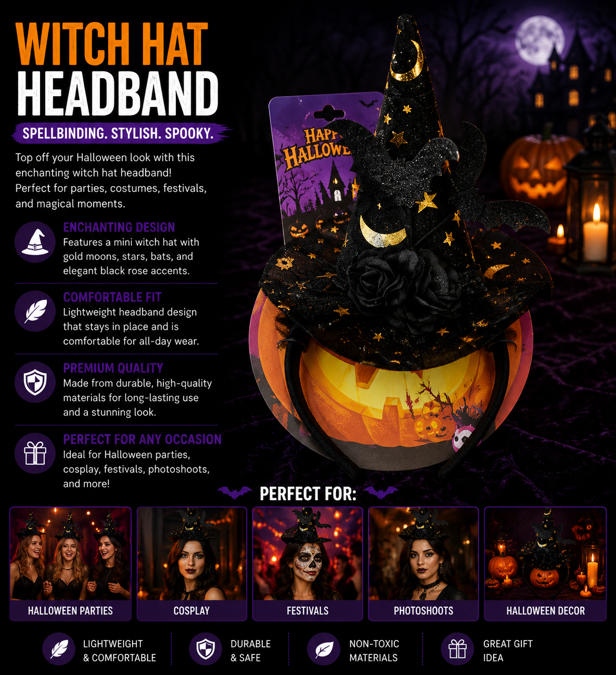Halloween Witch Hat Headband with Bat & Rose Accents