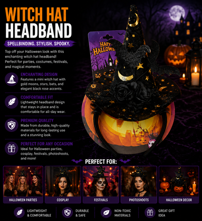 Halloween Witch Hat Headband with Bat & Rose Accents