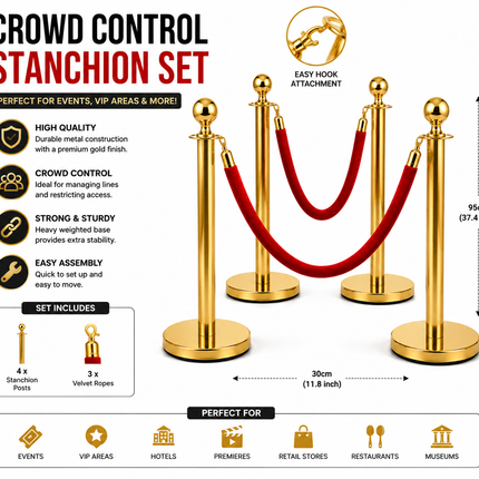 Gold Crowd Control Stanchion Set with Red Velvet Rope