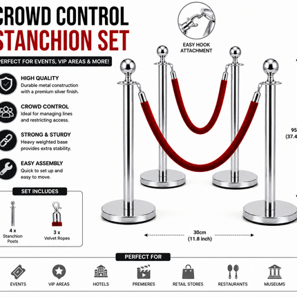 Silver Crowd Control Barrier Set – Stanchion Posts with Red Velvet Ropes