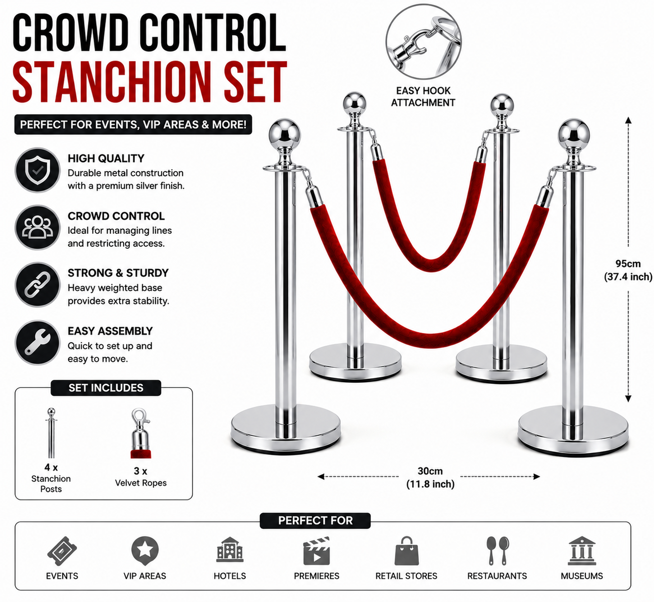 Silver Crowd Control Barrier Set – Stanchion Posts with Red Velvet Ropes