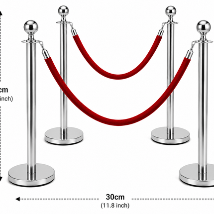 Silver Crowd Control Barrier Set – Stanchion Posts with Red Velvet Ropes