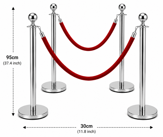 Silver Crowd Control Barrier Set – Stanchion Posts with Red Velvet Ropes