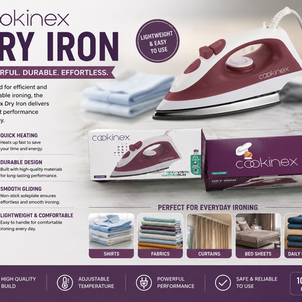Cookinex Dry Iron 1000W Lightweight Electric Iron for Home & Travel