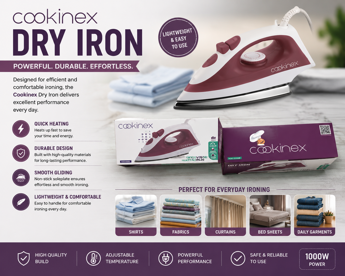 Cookinex Dry Iron 1000W Lightweight Electric Iron for Home & Travel