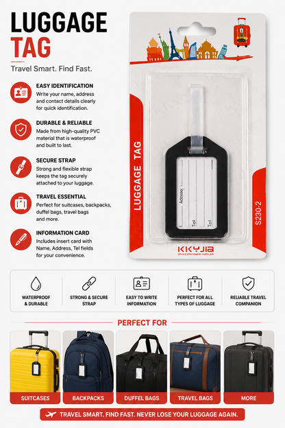 Luggage Tag with Name Card Insert – Waterproof Travel ID Tag for Suitcases