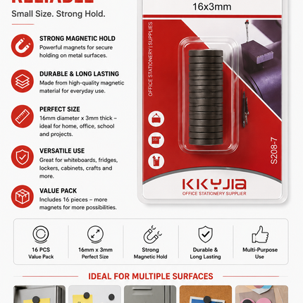 Round Magnets 16mm x 3mm – Strong Hold Magnetic Discs 16 Pack