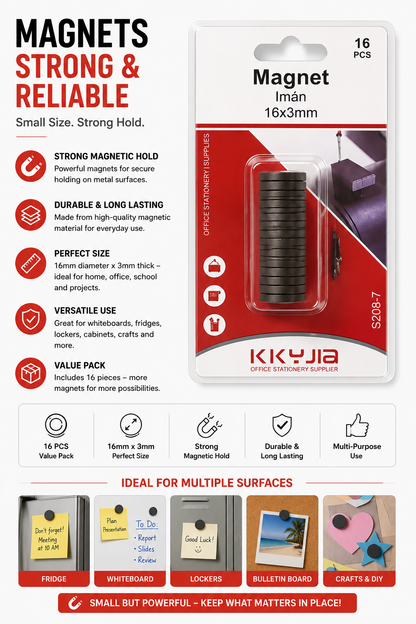 Round Magnets 16mm x 3mm – Strong Hold Magnetic Discs 16 Pack