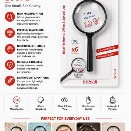Handheld Magnifying Glass 6X Magnification – 60mm Optical Glass Lens