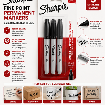 Sharpie Black Permanent Markers Fine Tip – 3 Count Quick Dry Marker Pack