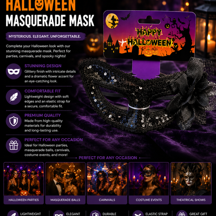 Halloween Black Masquerade Mask with Glitter Finish