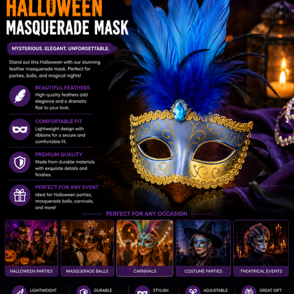 Halloween Feather Masquerade Mask - Blue