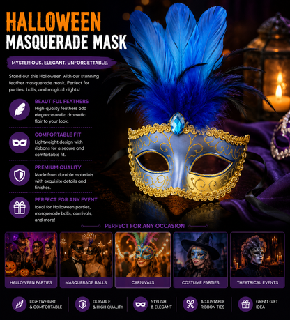 Halloween Feather Masquerade Mask - Blue