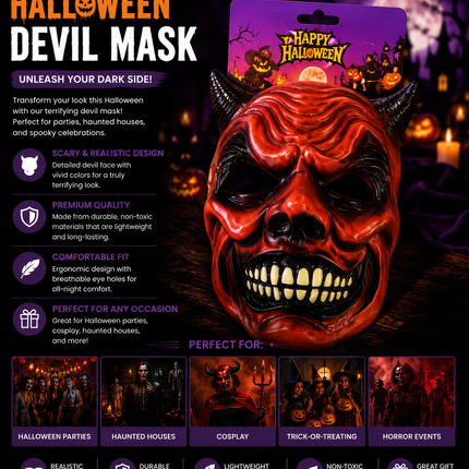 Red Devil Halloween Mask – Realistic Demon Face Costume Accessory