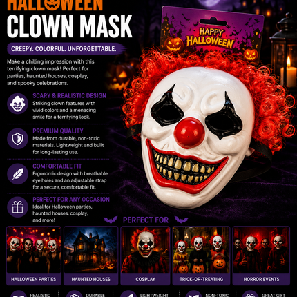Scary Clown Halloween Mask – Horror Costume Accessory with Red Hair