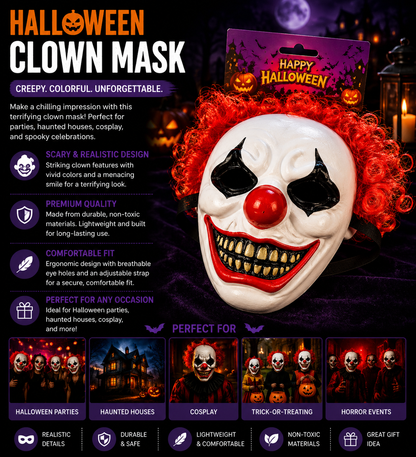 Scary Clown Halloween Mask – Horror Costume Accessory with Red Hair