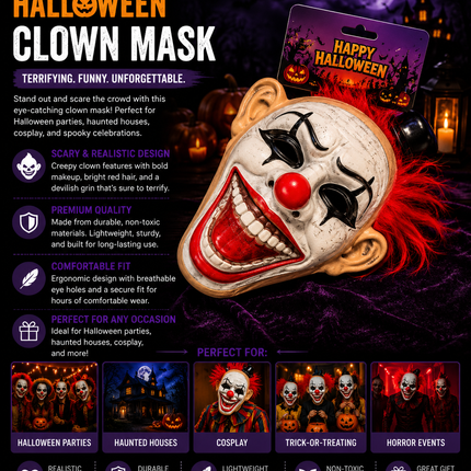 Halloween Horror Clown Mask – Realistic Red Hair Costume Accessory
