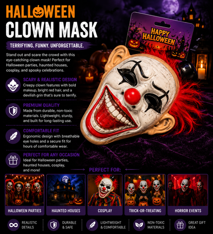 Halloween Horror Clown Mask – Realistic Red Hair Costume Accessory