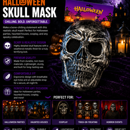 Metallic Skull Halloween Mask – Full Face Skeleton Costume Mask
