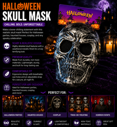 Metallic Skull Halloween Mask – Full Face Skeleton Costume Mask