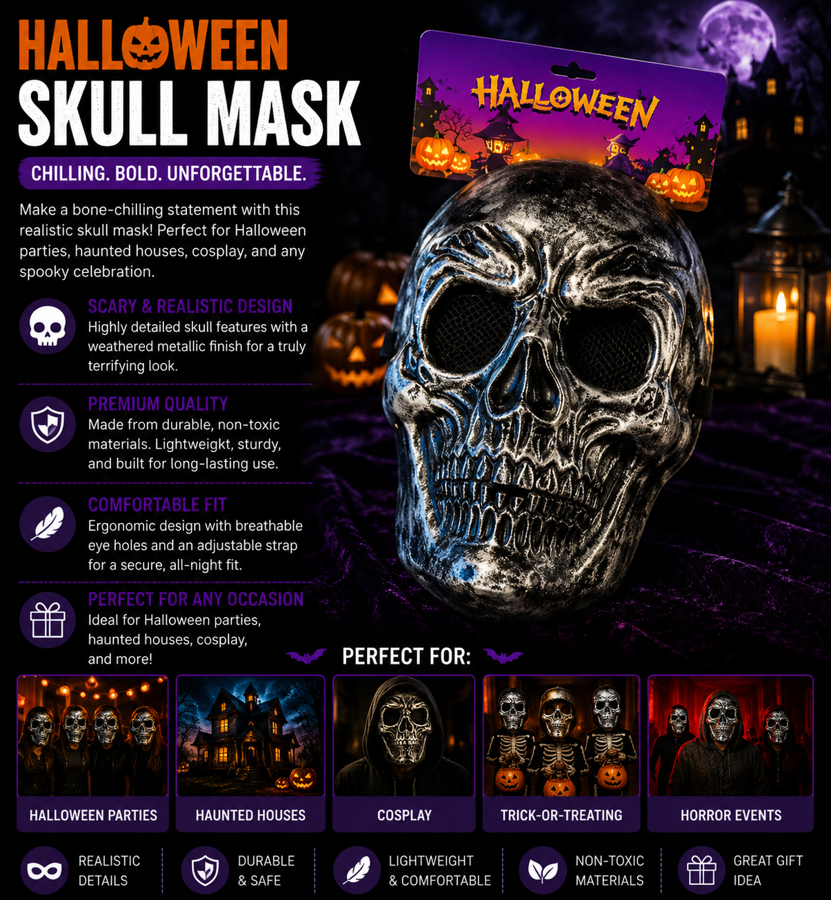 Metallic Skull Halloween Mask – Full Face Skeleton Costume Mask