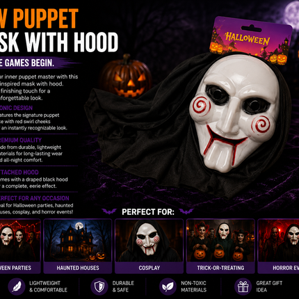 Halloween Horror Puppet Face Mask with Hood